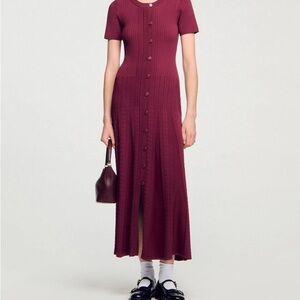 Sandro US 6 Burgundy Knt Maxi Dress with Button Detail